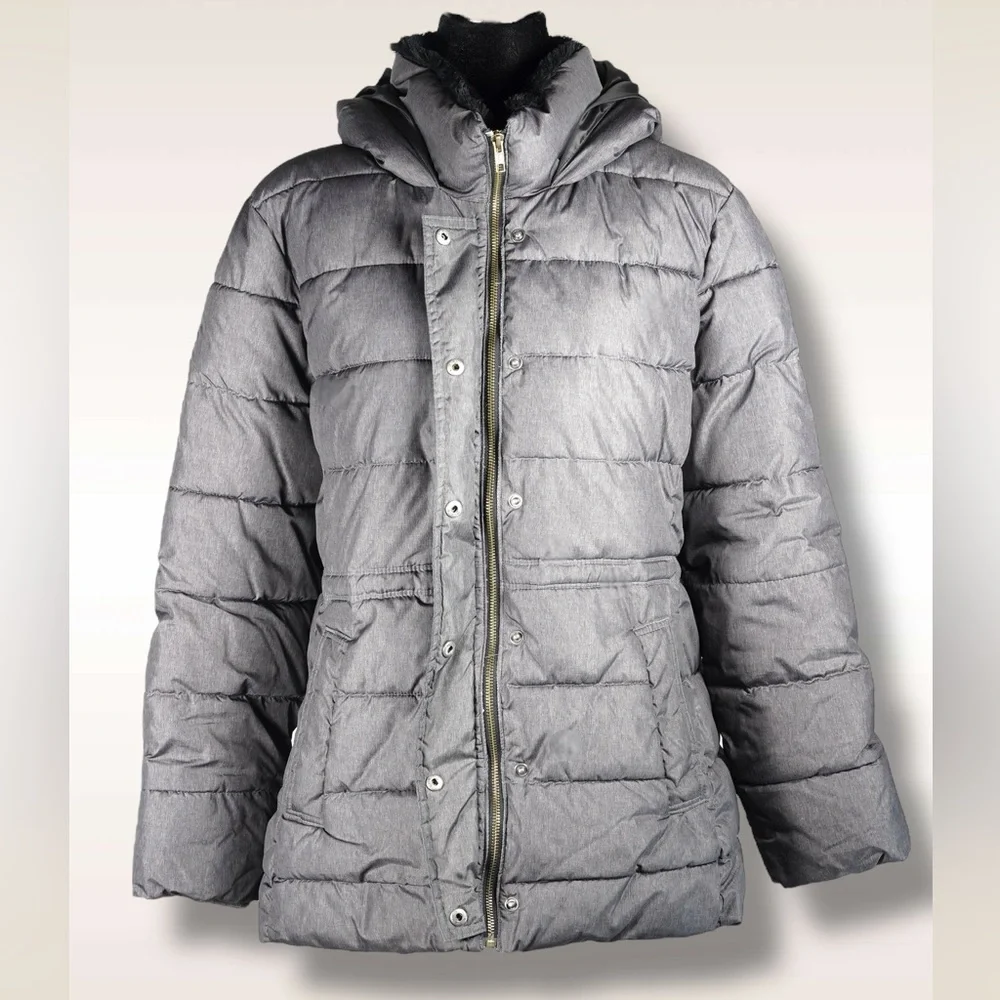 GAP Mid Puffer Jacket Silver Heather Hooded Faux-Fur Lined – Women’s Size XL